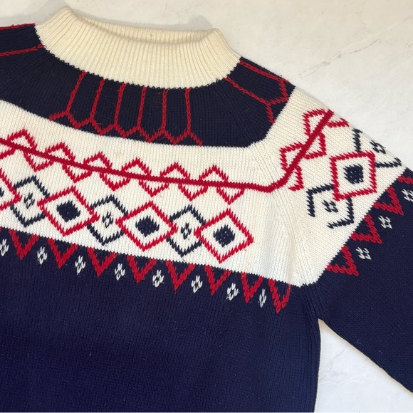 Vintage JCPenny Size Large Navy Blue White Red Fair Isle Knit Sweater Preppy - Picture 3 of 7